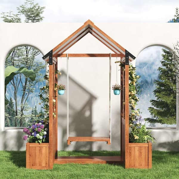 Plantekasse med espalier, gynge og baldakin – Brun plantekasse i massivt træ med klatrestøtte og polycarbonattag – Til have, terrasse og terrasse