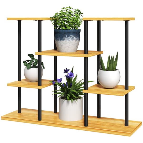 Rootz -växtstativ - inomhusväxthylla - 6 -steg - Elegant och stabil design - 80 cm x 24 cm x 61,5 cm - Stålram och träbas