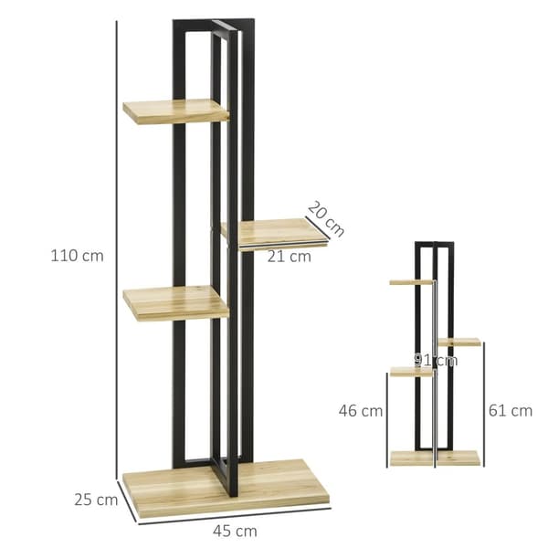 Rootz 4 Floor Plant Stand - Justerbar blomsterstativ - Indendørs plantetrapper - Industriel design - 110 cm høj - sort+naturligt træ - 45L x 25b x 110