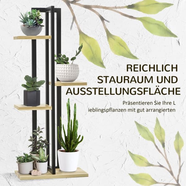Rootz 4 Floor Plant Stand - Justerbar blomsterstativ - Indendørs plantetrapper - Industriel design - 110 cm høj - sort+naturligt træ - 45L x 25b x 110