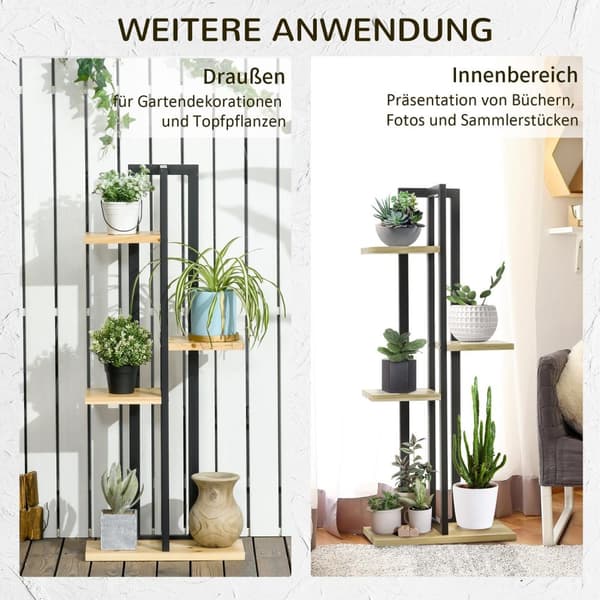 Rootz 4 Floor Plant Stand - Justerbar blomsterstativ - Indendørs plantetrapper - Industriel design - 110 cm høj - sort+naturligt træ - 45L x 25b x 110
