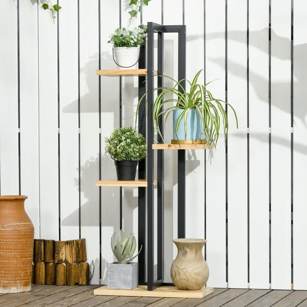 Rootz 4 Floor Plant Stand - Justerbar blomsterstativ - Indendørs plantetrapper - Industriel design - 110 cm høj - sort+naturligt træ - 45L x 25b x 110
