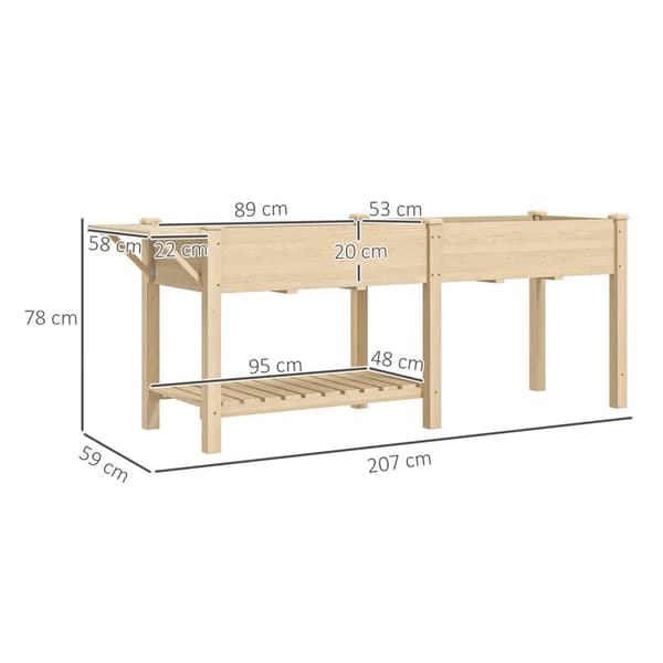 Rootzin kohonnut puinen istutuskone - nostettu sänky - puutarhan istuttaja hyllyllä - Vahva suunnittelu- ja tyhjennysreiät - 207x59x78cm