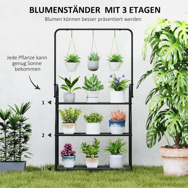 Rootz 3 -trins blomsterhylde - Plantestativ - Metalhylde - Indendørs og udendørs brug - Sort - 75 cm x 25 cm x 137 cm