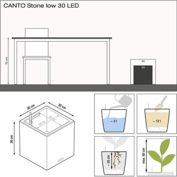 LECHUZA Canto Stone Cube 30 -kukkaruukku - täydellinen LED-setti, kvartsivalkoinen