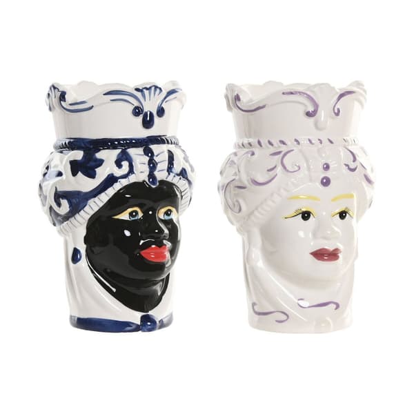 Urtepotte Home ESPRIT Blå Hvid Sort Porcelæn 12 x 12 x 20 cm (2 enheder)