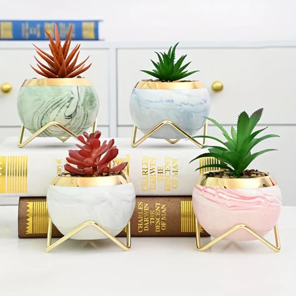 Saftige keramiske potter, nordisk gylden kant marmor, moderne design, drænhul,4Pakke