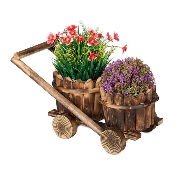 Relaxdays dekorativ kälke med 2 blomkrukor, att plantera direkt, HxLxP: 19x17,5x37 cm, träplanteringslåda, brun