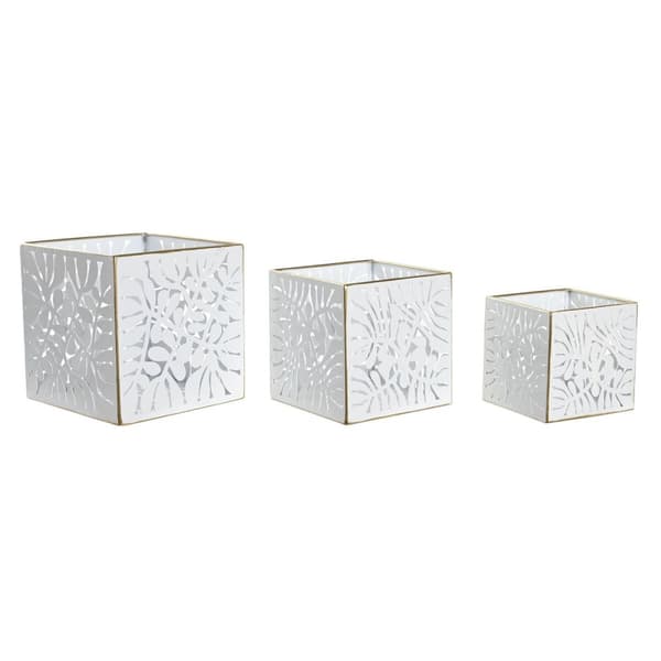 Sæt af planteredskaber DKD Home Decor Ark Gylden Metal 15 x 15 x 15 cm Hvid Tropisk Blad af en plante