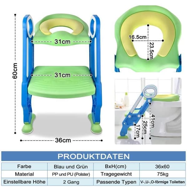 XMTECH Utbildningstoalett Barn Toilettstol Hopfällbar Med Steg Och Handtag Blå Grön