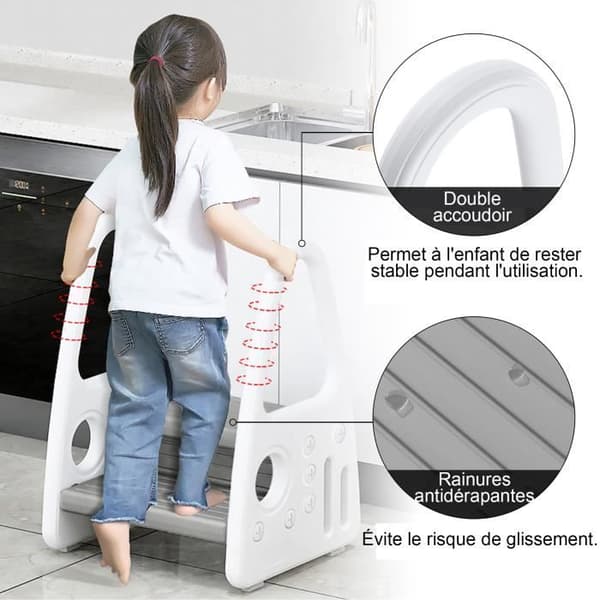 LZQ Step Pallar för barn 2 Anti-Slip Steg för Inlärning Step Pall Pall med två halkfria armstöd - Grå