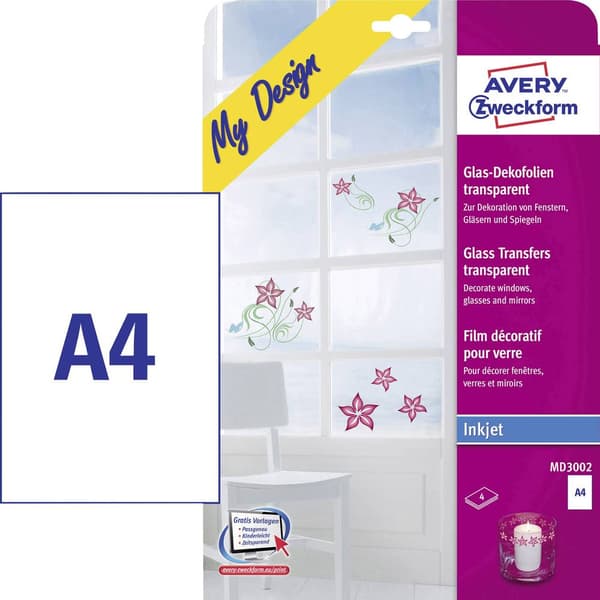 Avery-Zweckform My Design Glas MD3002 Dekorativt glasfolie DIN A4 Bläckstråleskrivare Transparent 4 st