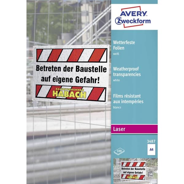Avery-Zweckform 3487 Väderbeständig folie DIN A4 Laser, Laser, färg, Kopiator, Färgkopiator Vit 100 st