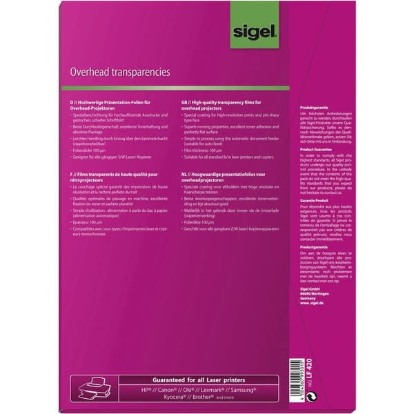 Sigel LF420 LF420 Overhead-projektor-folie DIN A4 Laser, Kopiator Transparent 50 st