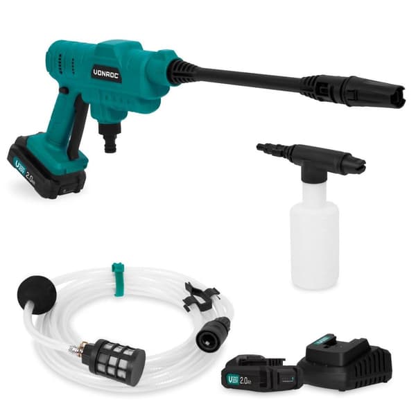 VONROC Batteridrevet højtryksrenser 20V - 24bar - 198 l/h - Inkl. 5m sugeslange, rengøringsmiddelflaske og justerbar sprøjtedyse - Inkl. 2 x 2.0Ah bat