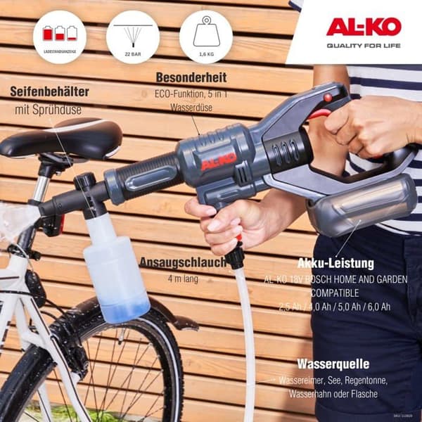 Al-ko - 113929 - 18 V Bosch hem- och trädgårdskompatibel sladdlös högtryckstvätt PW 1850 (utan batteri och laddare)