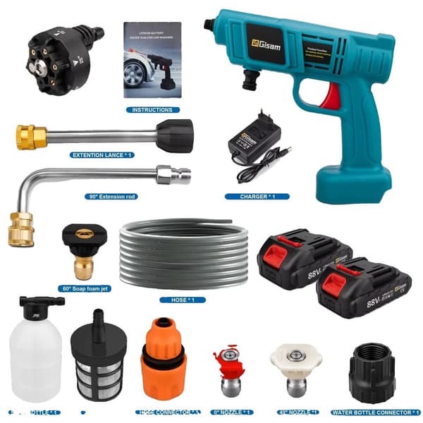 Elektrisk Högtryckstvättpistol, 2 Batterisats, 6-i-1 Munstycke,2 Batteri Set Blå 2 Battery Set Blue