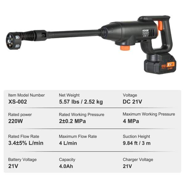 VEVOR Sladdlös Högtryckstvätt, 290 PSI, 4 L/min Flödeshastighet,290PSI