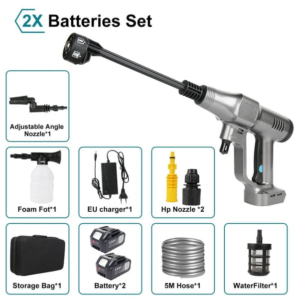 Højtryks bilvaskepistol, 200 BAR maks. tryk, 18V batteridrevet,2x batterier indstillet, EU, Elektrisk