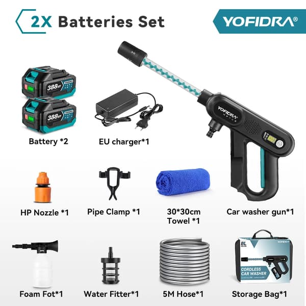 YOFIDRA Trådløs Bilvasker, 250 BAR Tryk, 3 Gear Justerbar,2 batteri EU-stik