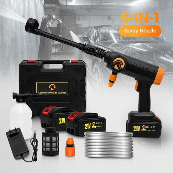 Sunster Sladdlös högtryckstvätt 21V 2000W 100 Bar 6-i-1 munstycke 2 batterier 3.0Ah bärbar 5m slang