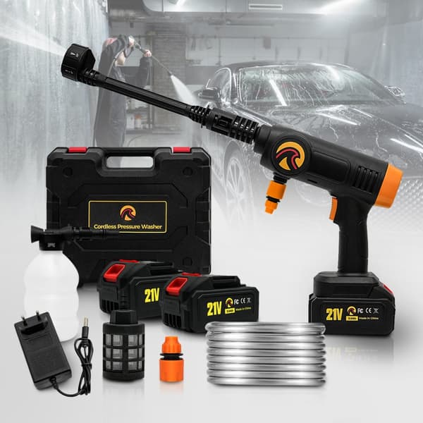 Batteridrevet højtryksrenser 2000W, 21V 3.0Ah, 100 Bar, 6-i-1 dyse, 2x batterier, 5m slange – Ideel til rengøring af bil, have og terrasse