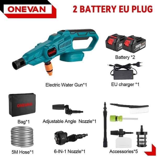 ONEVAN Borstlös Elektrisk Tvätt Högtryckstvätt för bil trädgård med Vattenrör Med 2 batterier
