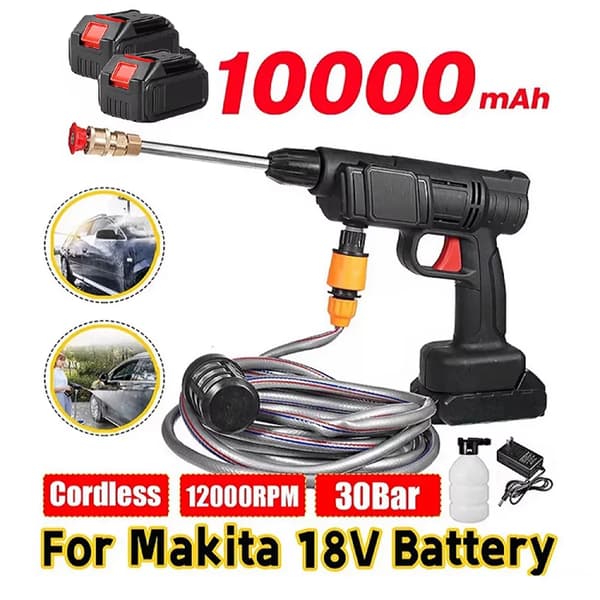 Trådløs højtryks vandpistol, 10000 mAh batteri, 1000 watt effekt,Batteridrevet, 2 Batterier 1 Opladning