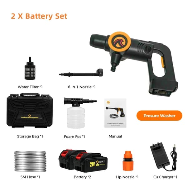Cordless trykrenser, 2000W effekt, 6-i-1 dyse,2 batterier