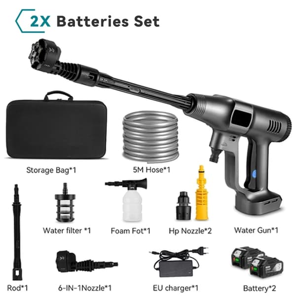 Elektrisk Vandpistol, 3500W Effekt, 200 BAR Tryk,2Batterier Grå EU