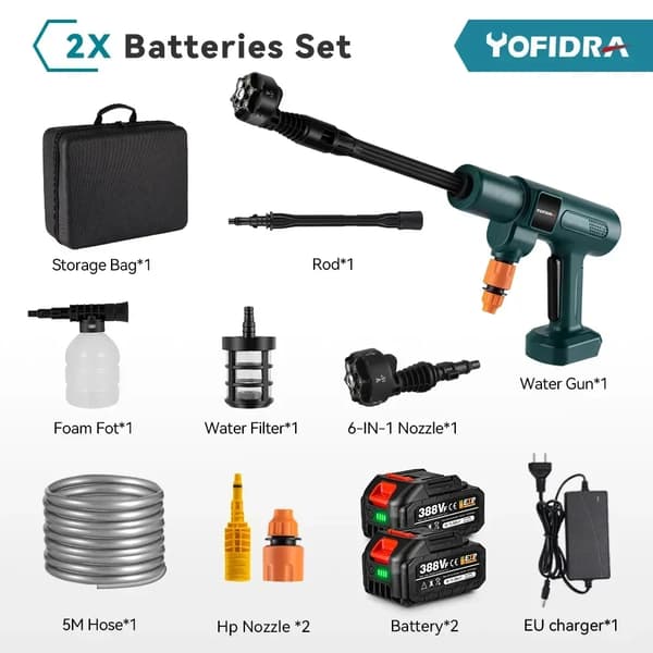 Elektrisk vattenpistol, 200Bar tryck, 6-i-1 munstycken,EU kontakt, 2 Batteri EU Kontakt