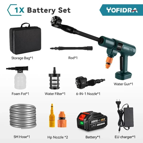 Elektrisk Vandpistol, 200Bar Tryk, 6-i-1 Dyser,1 Batteri EU Stik, EU stik