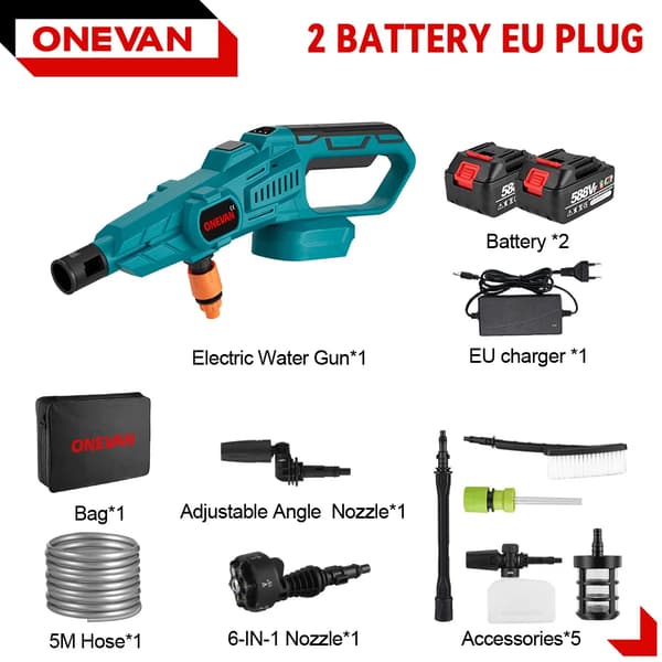 Elektrisk Sprutpistol, 200Bar Tryck, 6-i-1 Munstycke,2 Batteri Set