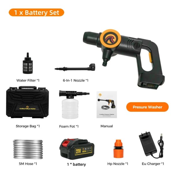 Højtryksrenser, 200 BAR Maksimalt Tryk, 6-i-1 Dyse,1 batteri, Batteridrevet
