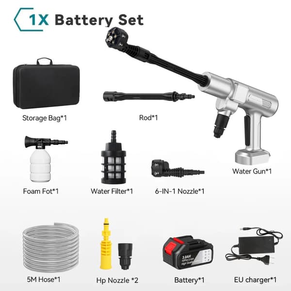 Högtryckstvätt, 35 bar, 4,1 l/min vattendrag, borstlös motor,Silver 1 Batteri