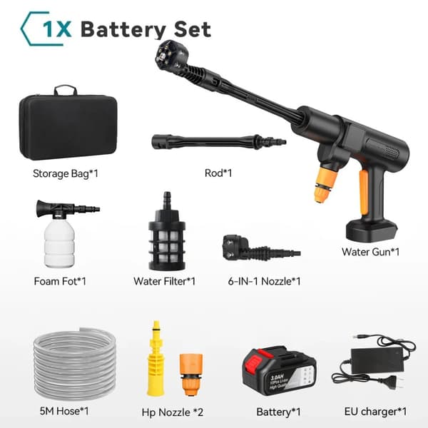 Højtryksrenser, 35 bar, 4,1 l/min vandstrøm, børsteløs motor,Sort 1 Batteri