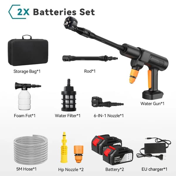Højtryks bilvaskepistol, 35 Bar tryk, 4,1 L/min flow, børsteløs motor,Sort 2 Batteri