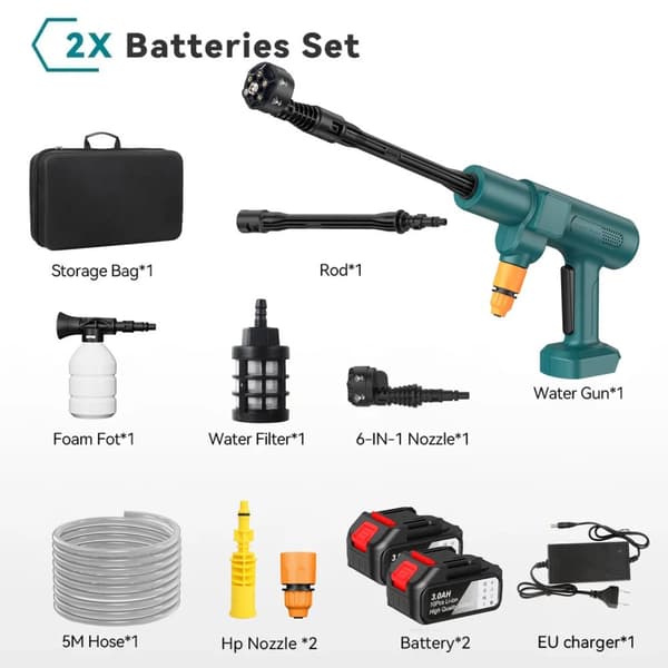 Højtryks bilvaskepistol, 35 Bar tryk, 4,1 L/min flow, børsteløs motor,Grøn 2 Batteri