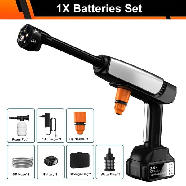 Højtryksvandpistol, 300W effekt, 35Bar tryk, 24000 RPM,Grå med 1 batteri, Batteridrevet