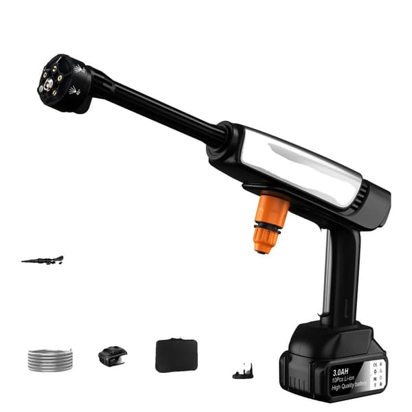 Højtryksvandpistol, 300W effekt, 35Bar tryk, 24000 RPM,Grå med 1 batteri, Batteridrevet