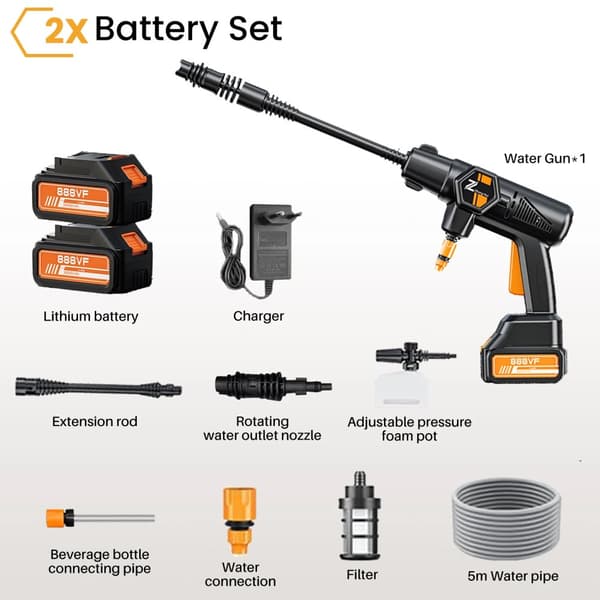 Högtryckstvätt för elbilar, 30 000 mAh batteri, 35 bar tryck, 0-180 graders sprayvinkel,2 Batteri