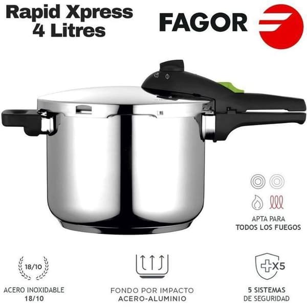 4 liters tryckkokare, induktion, 18/10 rostfritt stål, 2 trycknivåer FAGOR Rapid Xpress 4 Silver 800055