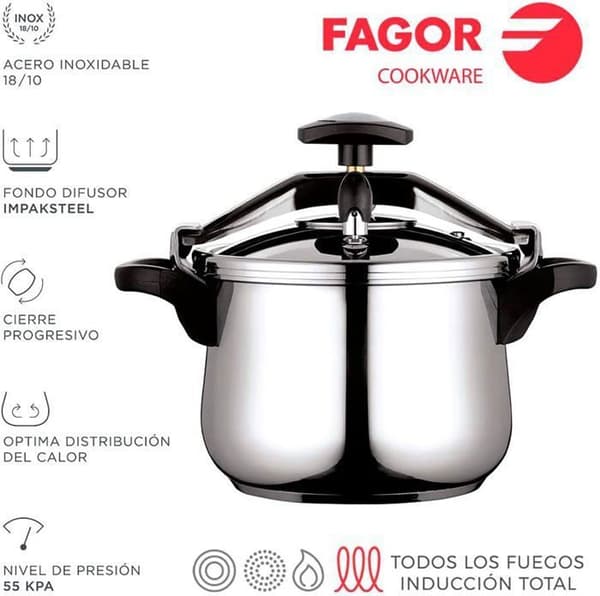 4 L tryckkokare, Alla värmekällor, Induktion, Rostfritt stål. 18/10, 3 FAGOR Clásica 4 Curved Safety Systems