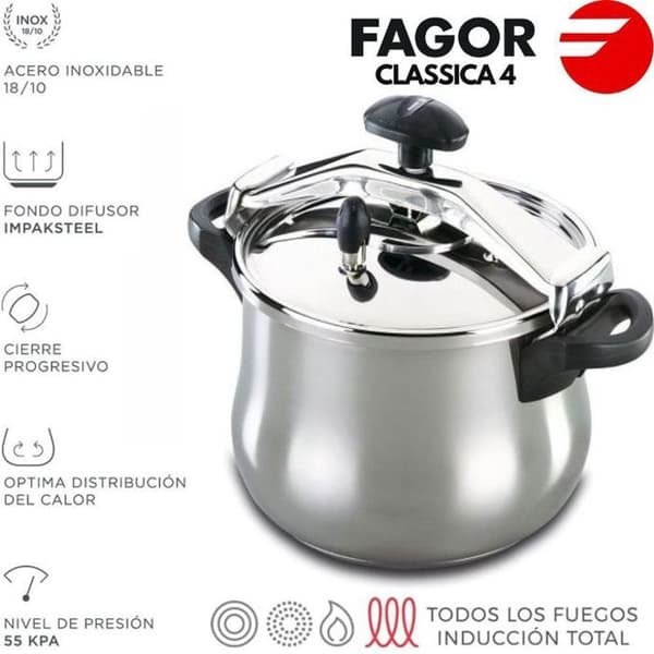 4 L tryckkokare, Alla värmekällor, Induktion, Rostfritt stål. 18/10, 3 FAGOR Clásica 4 Curved Safety Systems