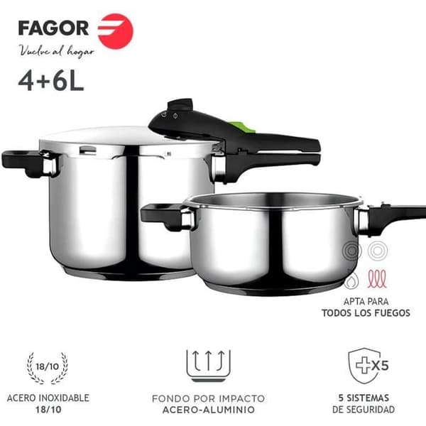 Autocuiseur 6 + 4 L, Induktion, Rostfritt Stål 18/10, 2 Trycknivåer FAGOR Fagor Rapid Xpress 6/4 Silver 800086