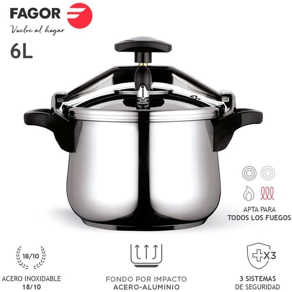 Stigbygel Tryckkokare 6 L, Induktion, Rostfritt Stål. 18/10, 3 säkerhetssystem FAGOR Clásica Bombe 6