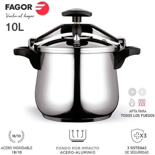Stigbygel Tryckkokare 10 L, Induktion, Rostfritt Stål. 18/10, 3 FAGOR Säkerhetssystem Clásica Bombe 10 Silver 802769