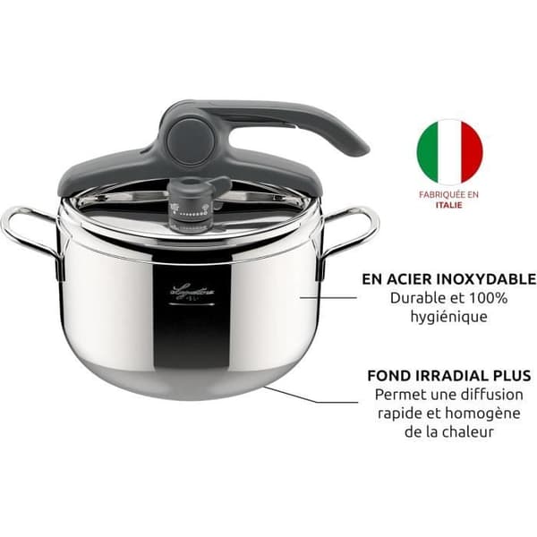 "Tryckkokare - LAGOSTINA - Irradial Control Lagoeasy'UP - 5 L - Rostfritt Stål 18/10 - Lätt att öppna"