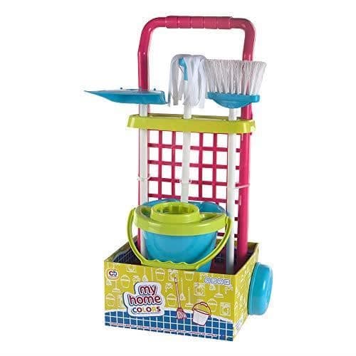 COLORBABY 40594 Rengöringsvagn låtsaslek med hink, kvast, sopskyffel och mopp. Blå röd hink 43282