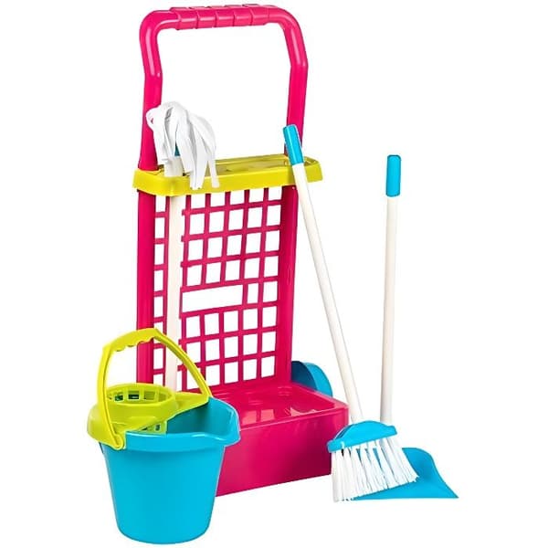 COLORBABY 40594 Rengöringsvagn låtsaslek med hink, kvast, sopskyffel och mopp. Blå röd hink 43282